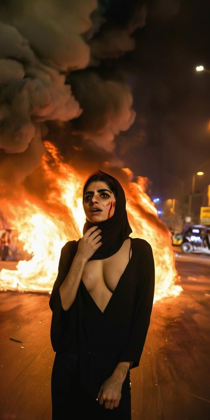 Iranian woman naked at a chaotic street protest in Tehran