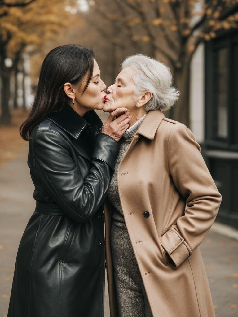 AI - Older ladies in long leather coats making out