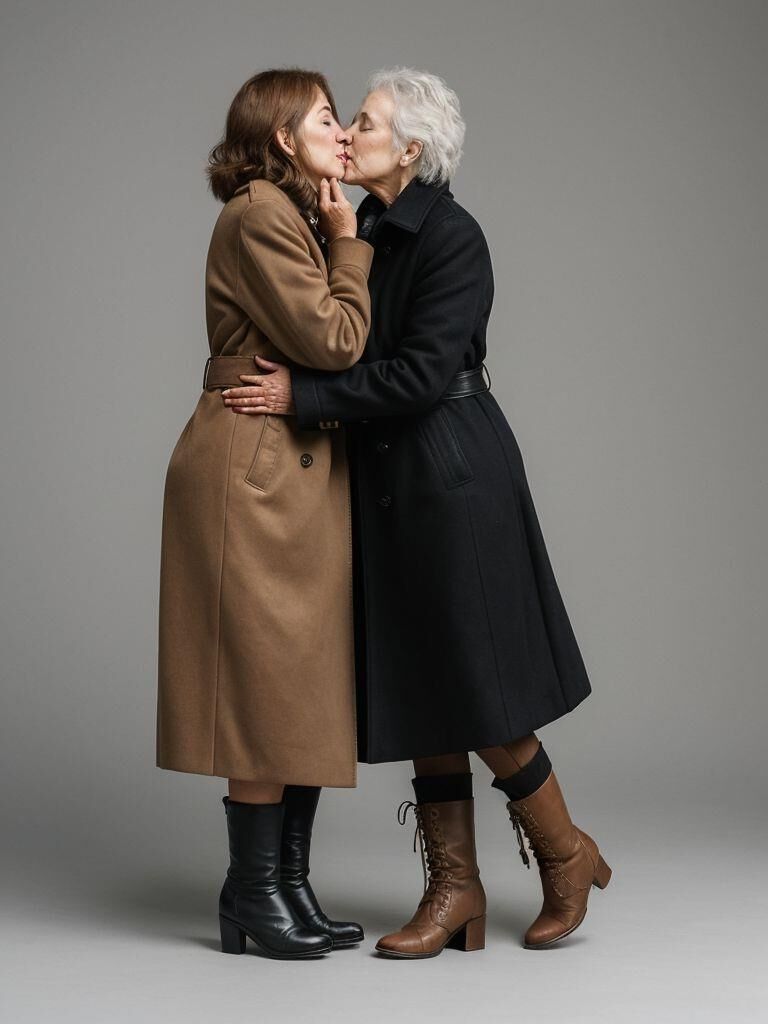 AI - Older ladies in long leather coats making out