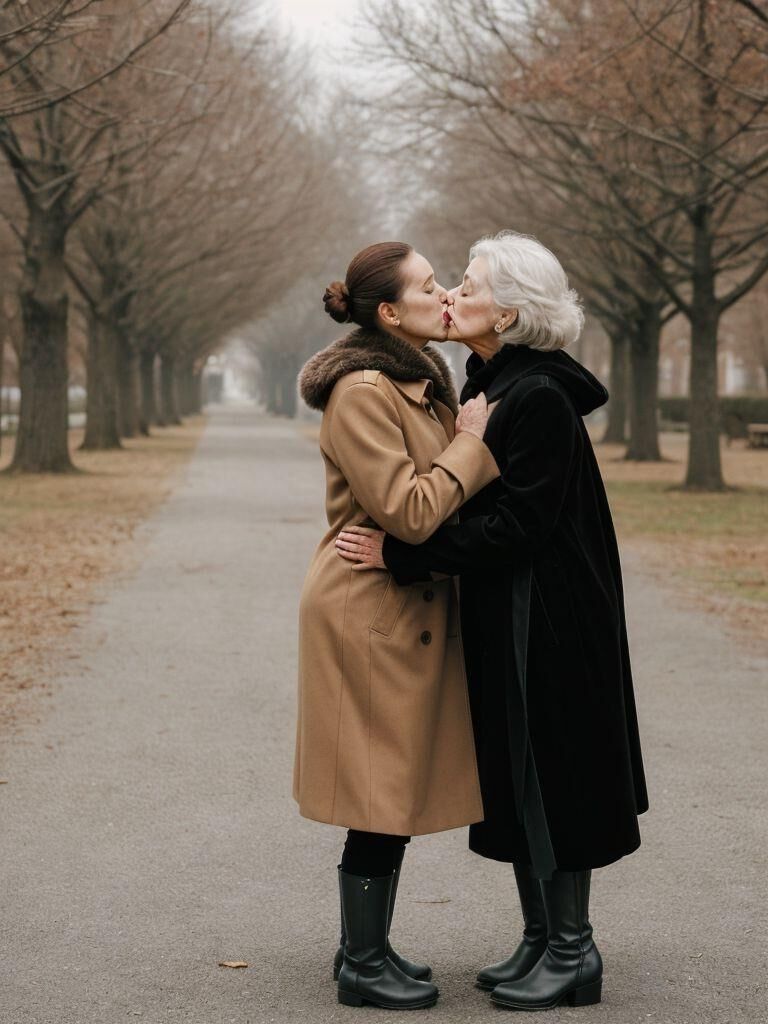 AI - Older ladies in long leather coats making out