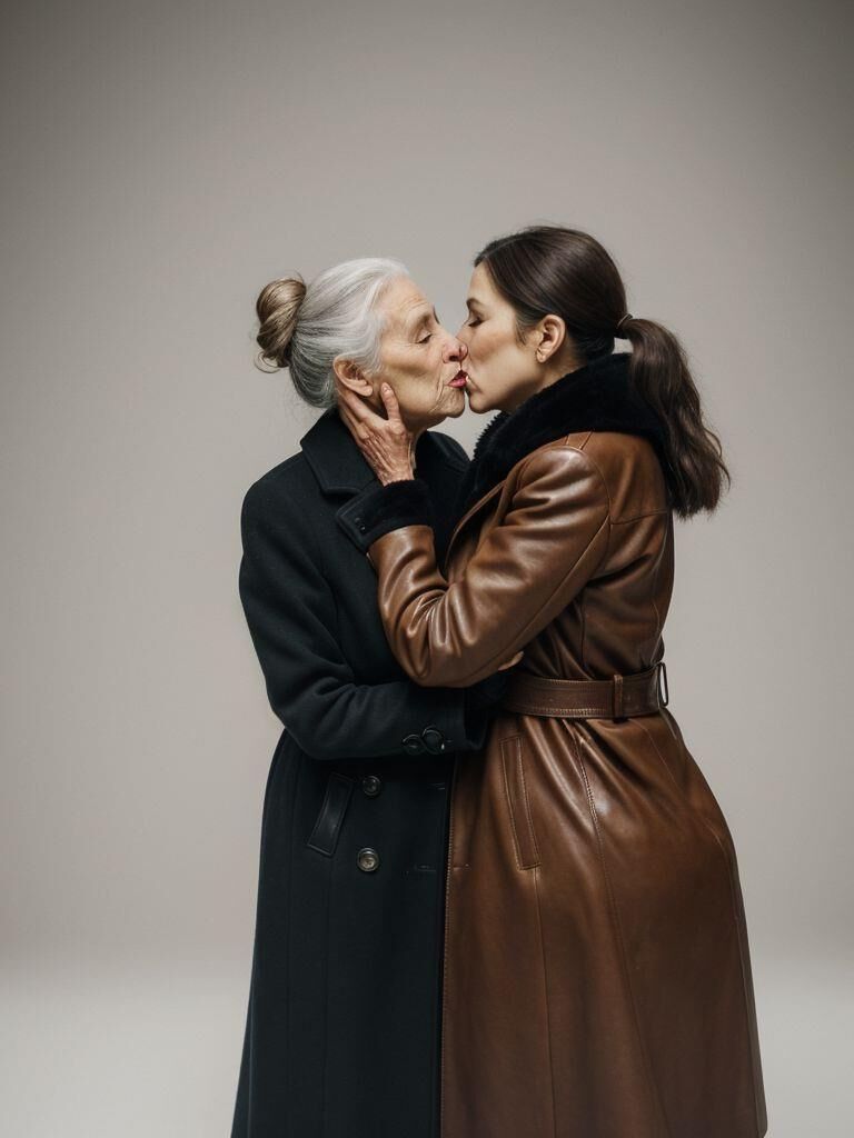 AI - Older ladies in long leather coats making out