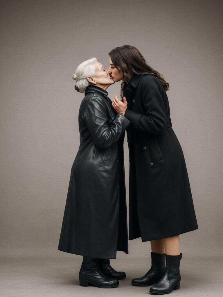 AI - Older ladies in long leather coats making out