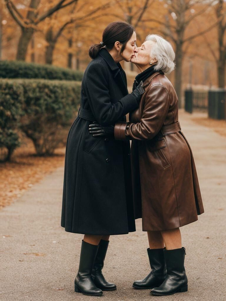 AI - Older ladies in long leather coats making out