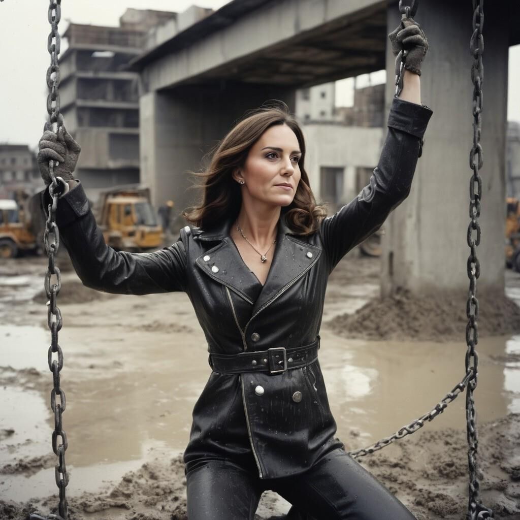 A.I. Kate Middleton in Leather on a construction site