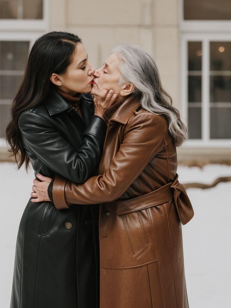 AI - Older ladies in long leather coats making out