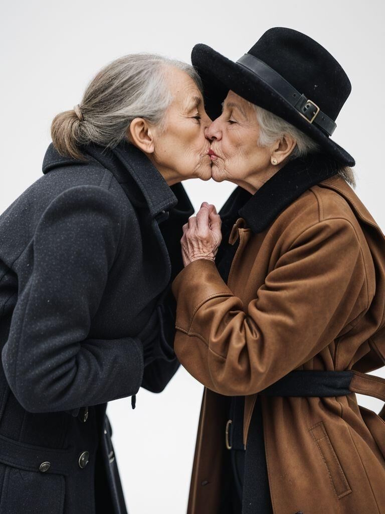 AI - Older ladies in long leather coats making out