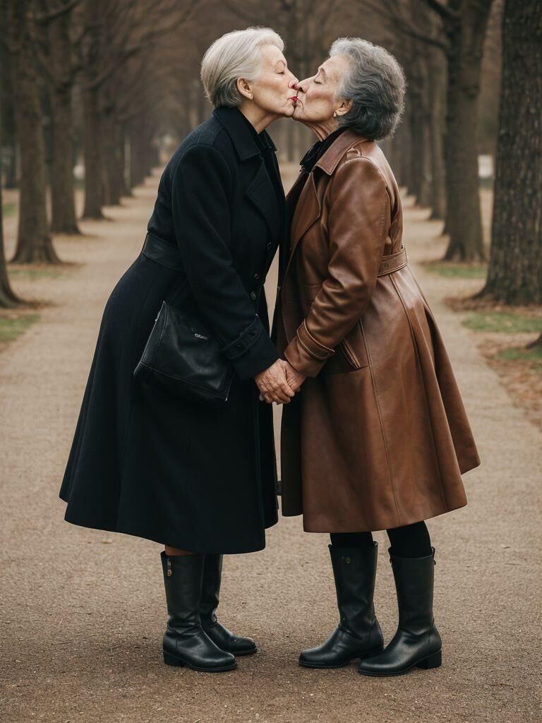 AI - Older ladies in long leather coats making out