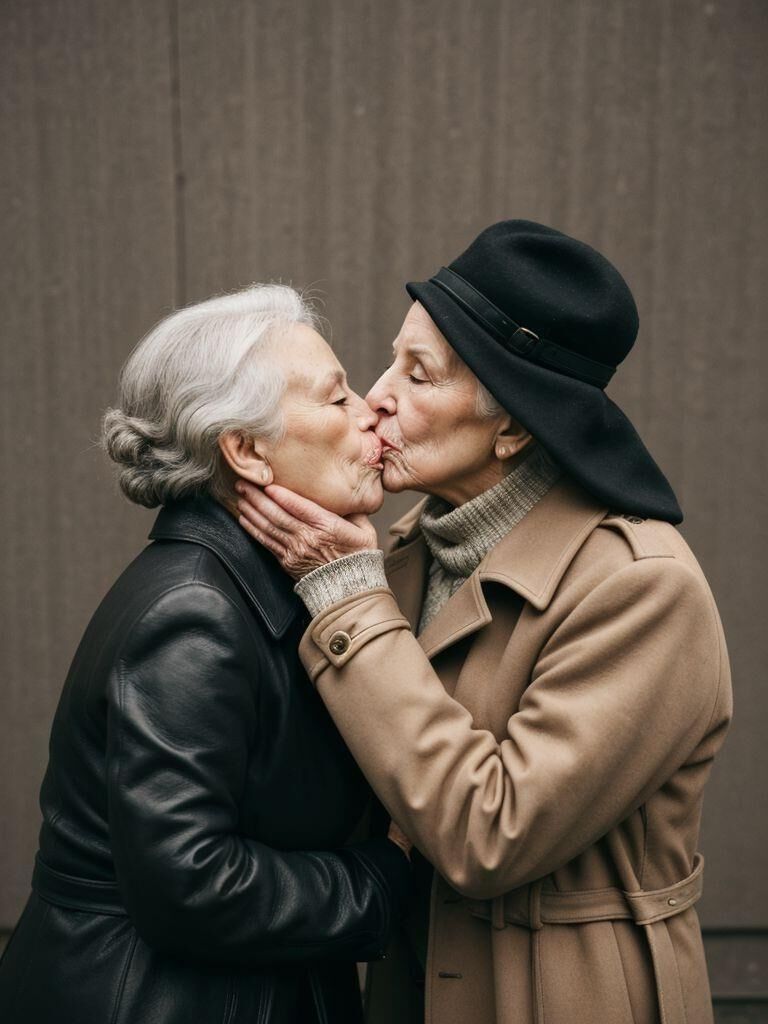 AI - Older ladies in long leather coats making out