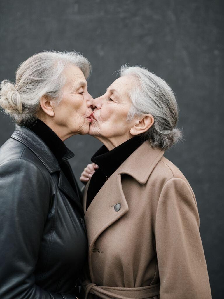 AI - Older ladies in long leather coats making out