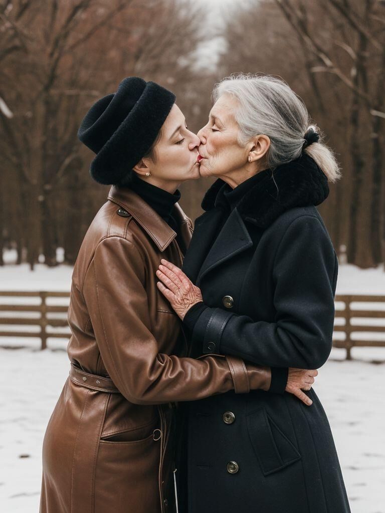 AI - Older ladies in long leather coats making out