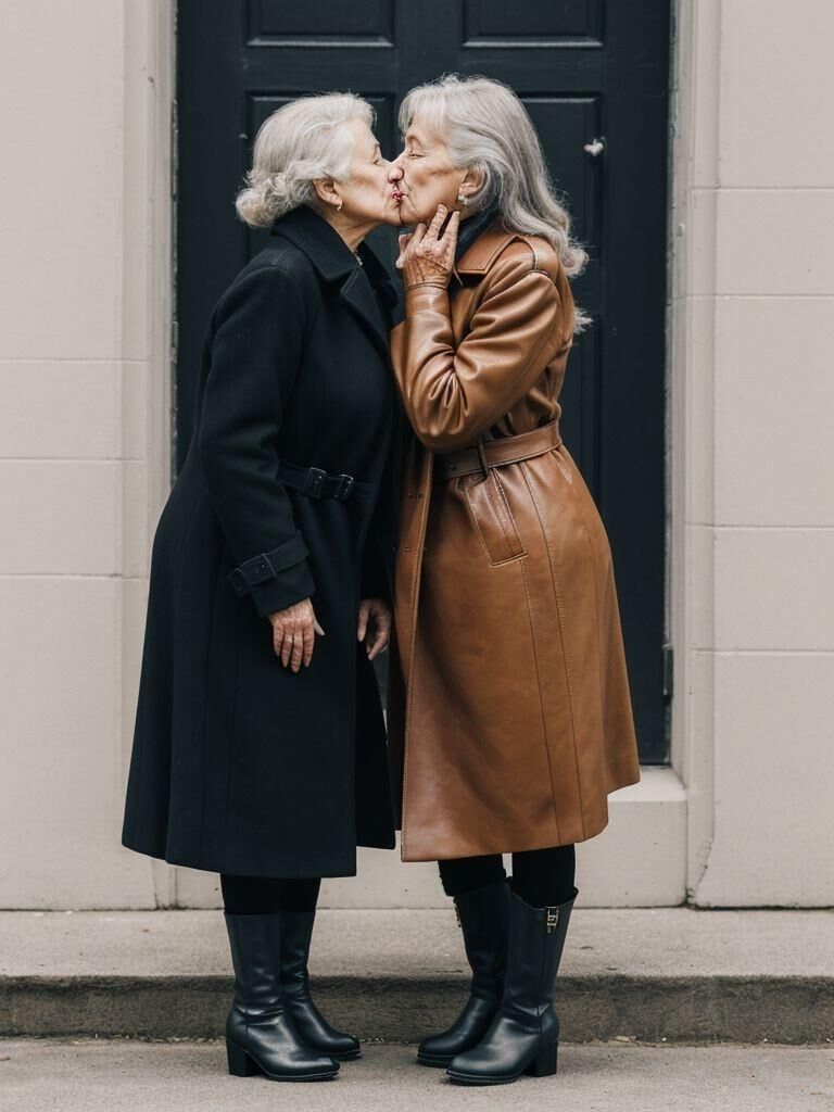 AI - Older ladies in long leather coats making out