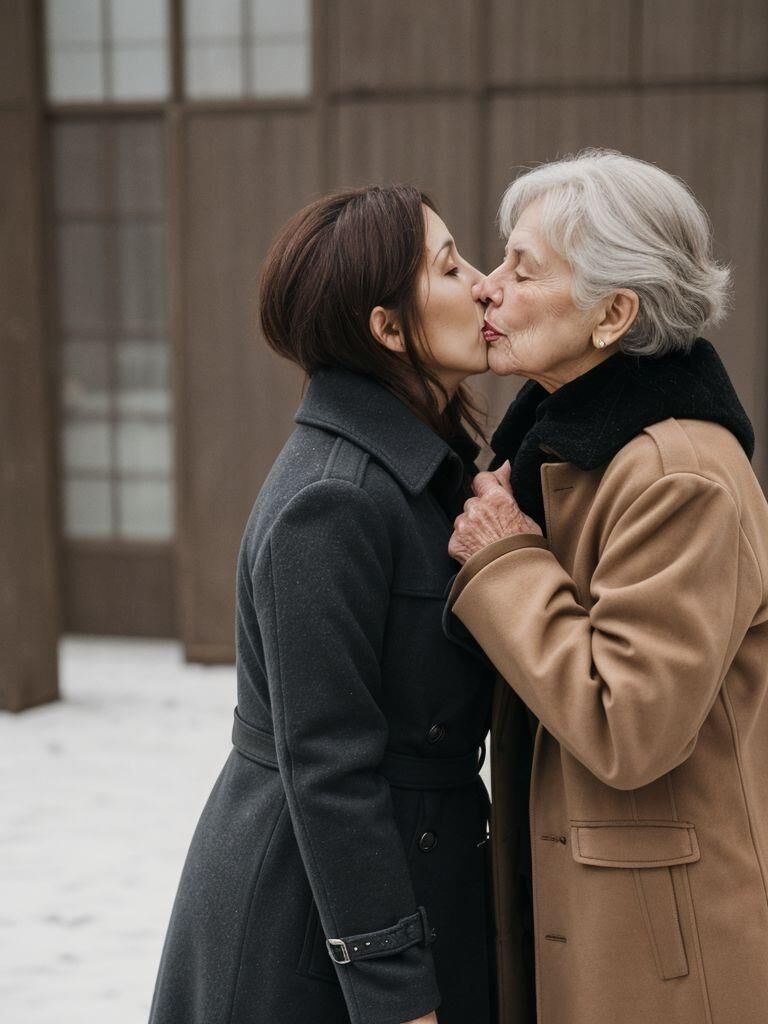 AI - Older ladies in long leather coats making out