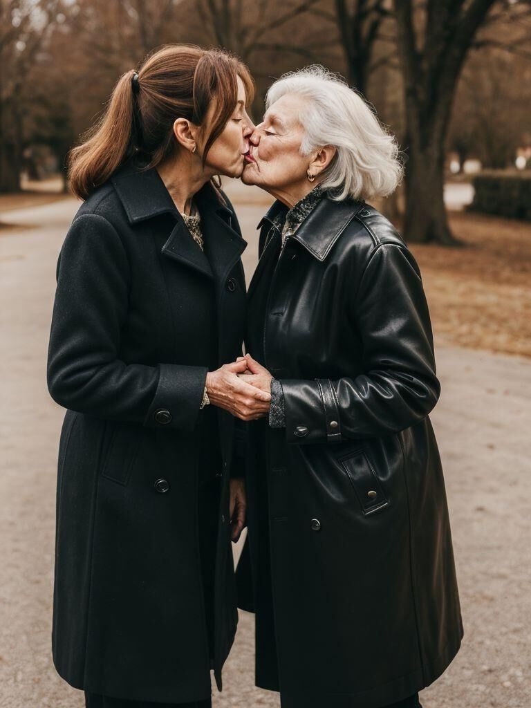 AI - Older ladies in long leather coats making out