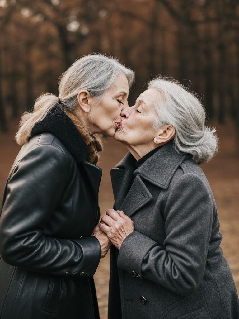 AI - Older ladies in long leather coats making out