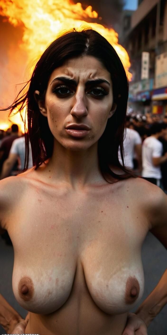 Iranian woman naked at a chaotic street protest in Tehran