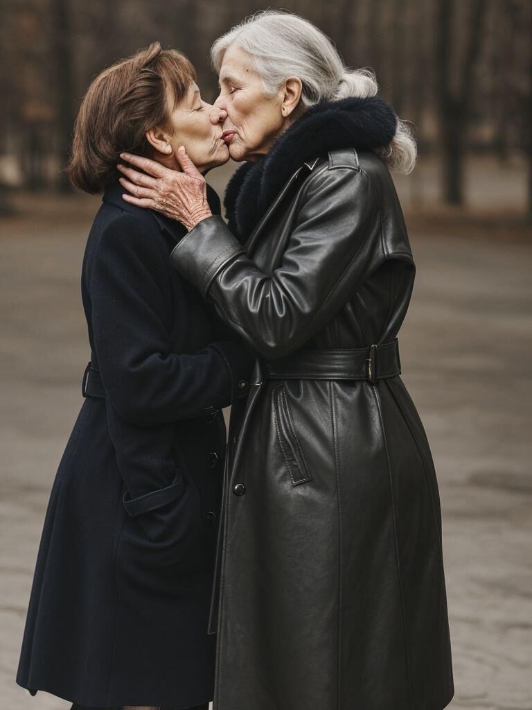 AI - Older ladies in long leather coats making out