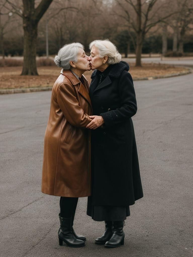 AI - Older ladies in long leather coats making out