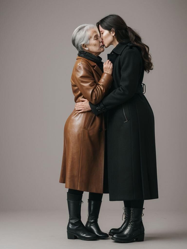 AI - Older ladies in long leather coats making out