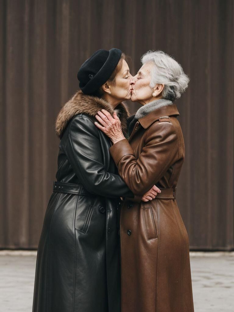 AI - Older ladies in long leather coats making out