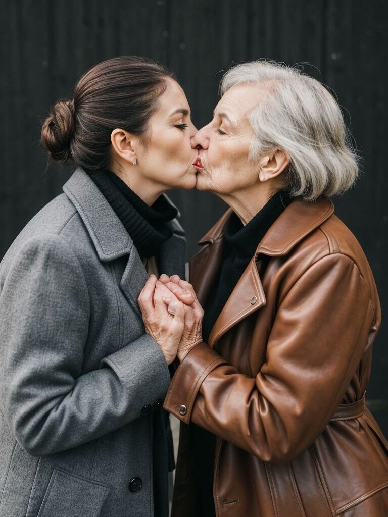 AI - Older ladies in long leather coats making out