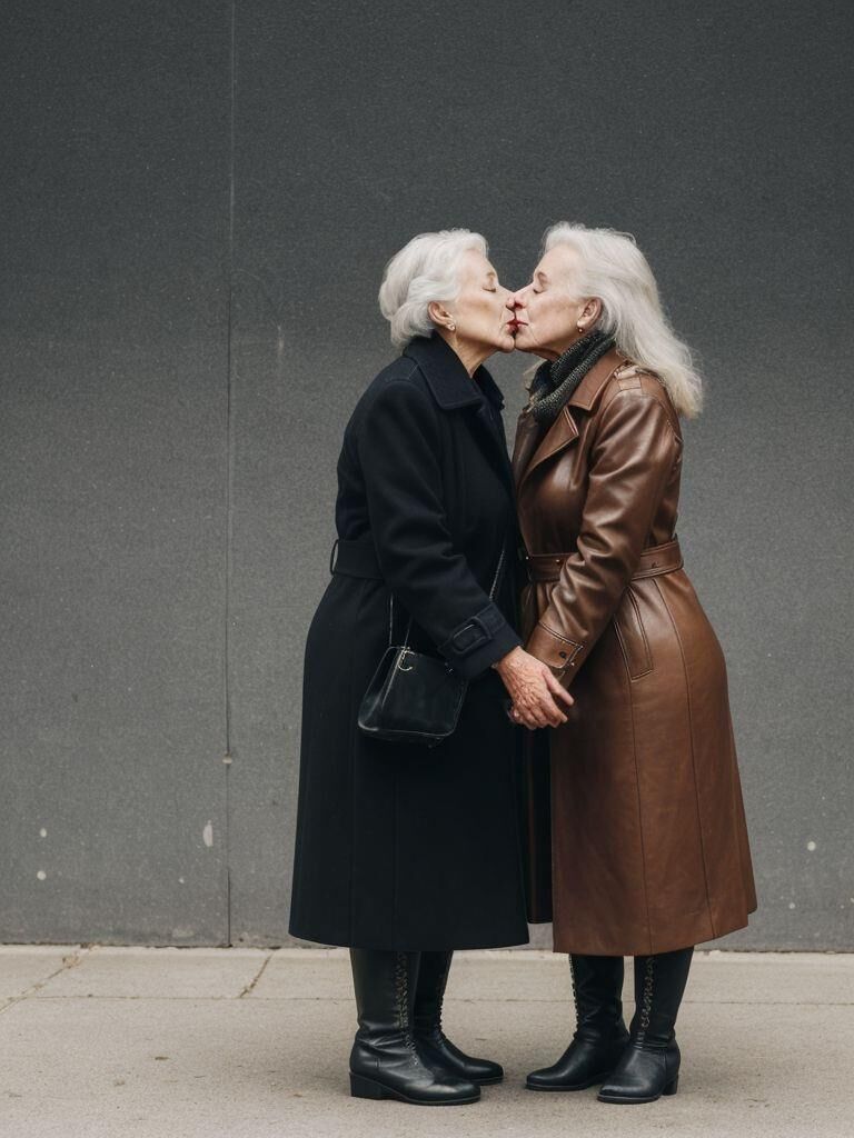 AI - Older ladies in long leather coats making out