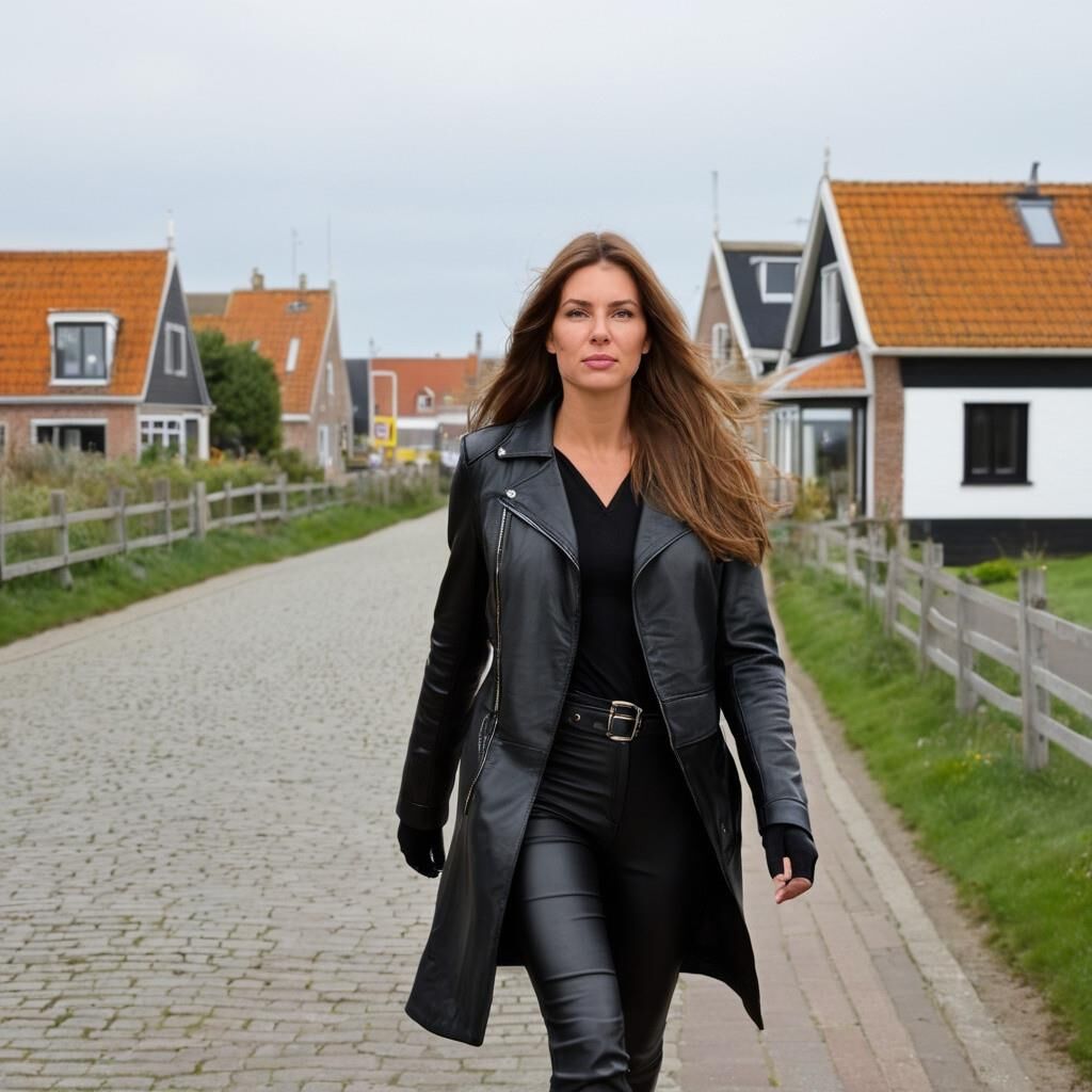A.I. Greetje in Leather walking in Dutch Village called "Urk".