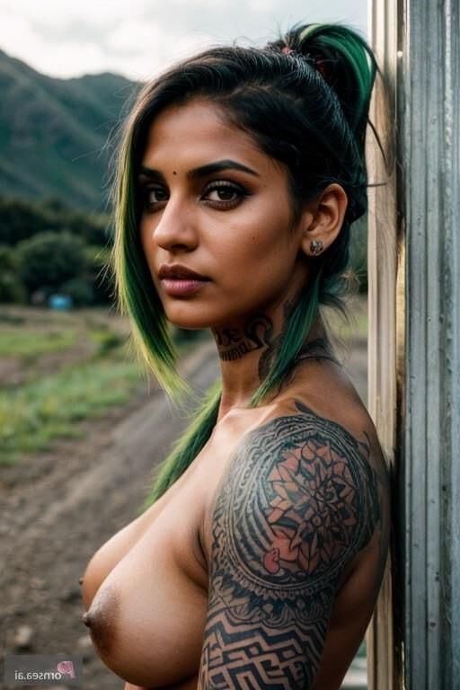 Chica tatuada con pelo verde