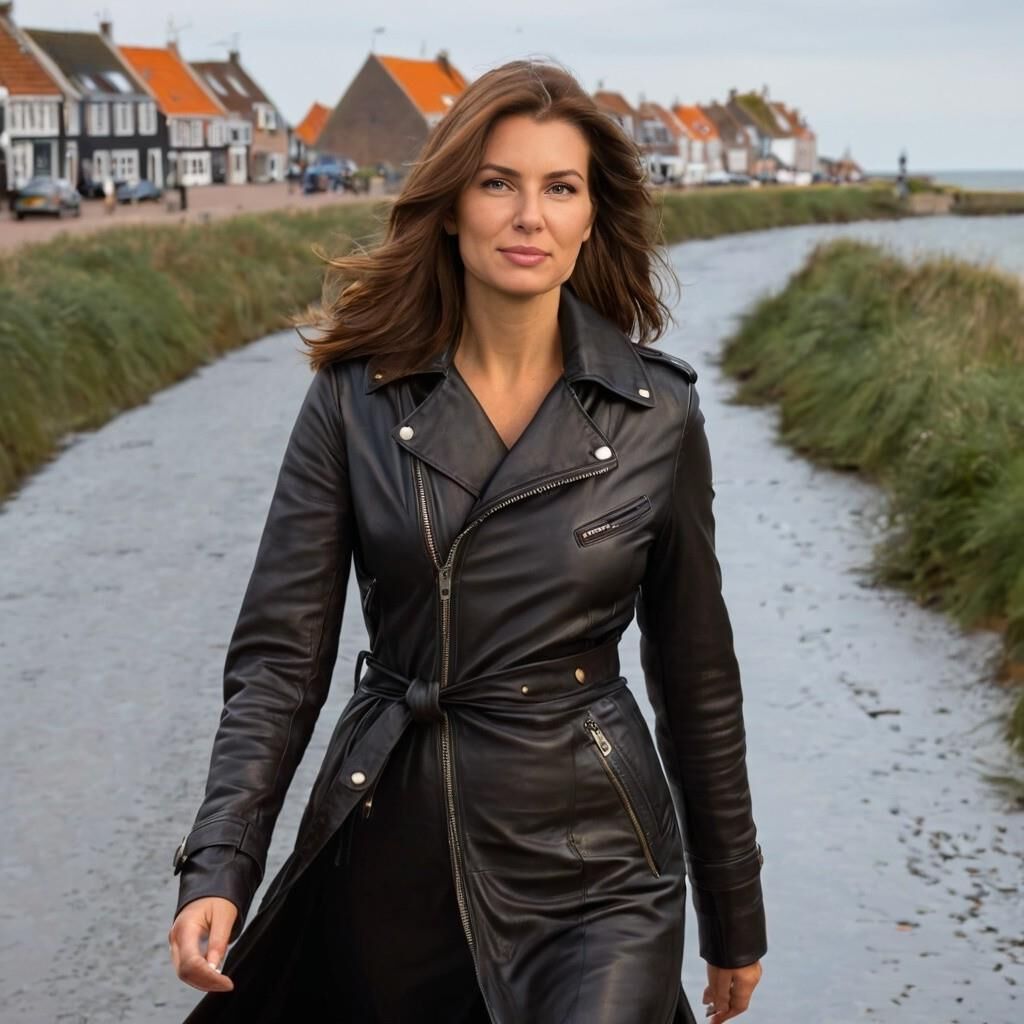 A.I. Greetje in Leather walking in Dutch Village called "Urk".