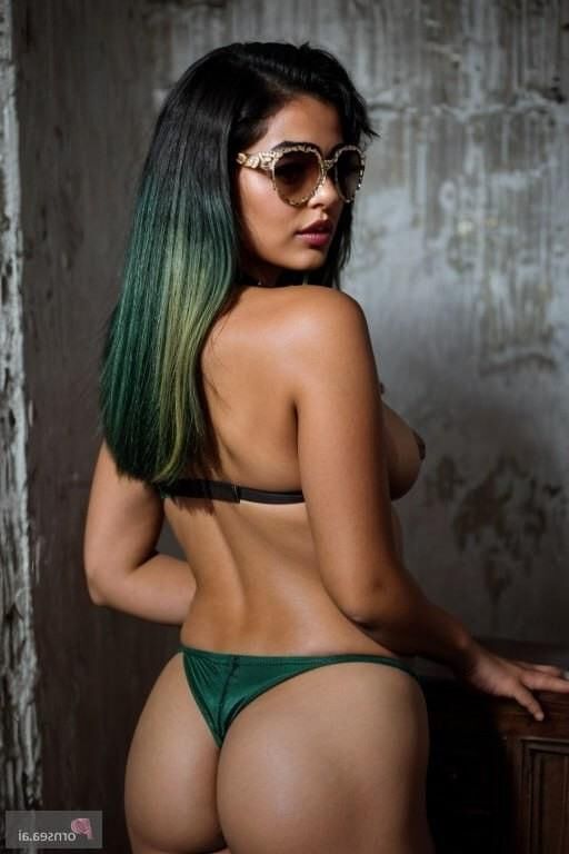 Green hair babe showing her beautiful ass