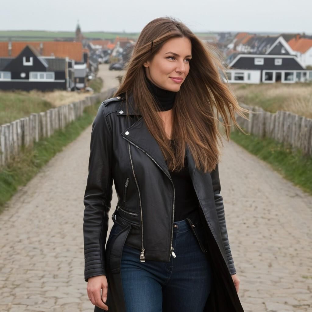 A.I. Greetje in Leather walking in Dutch Village called "Urk".