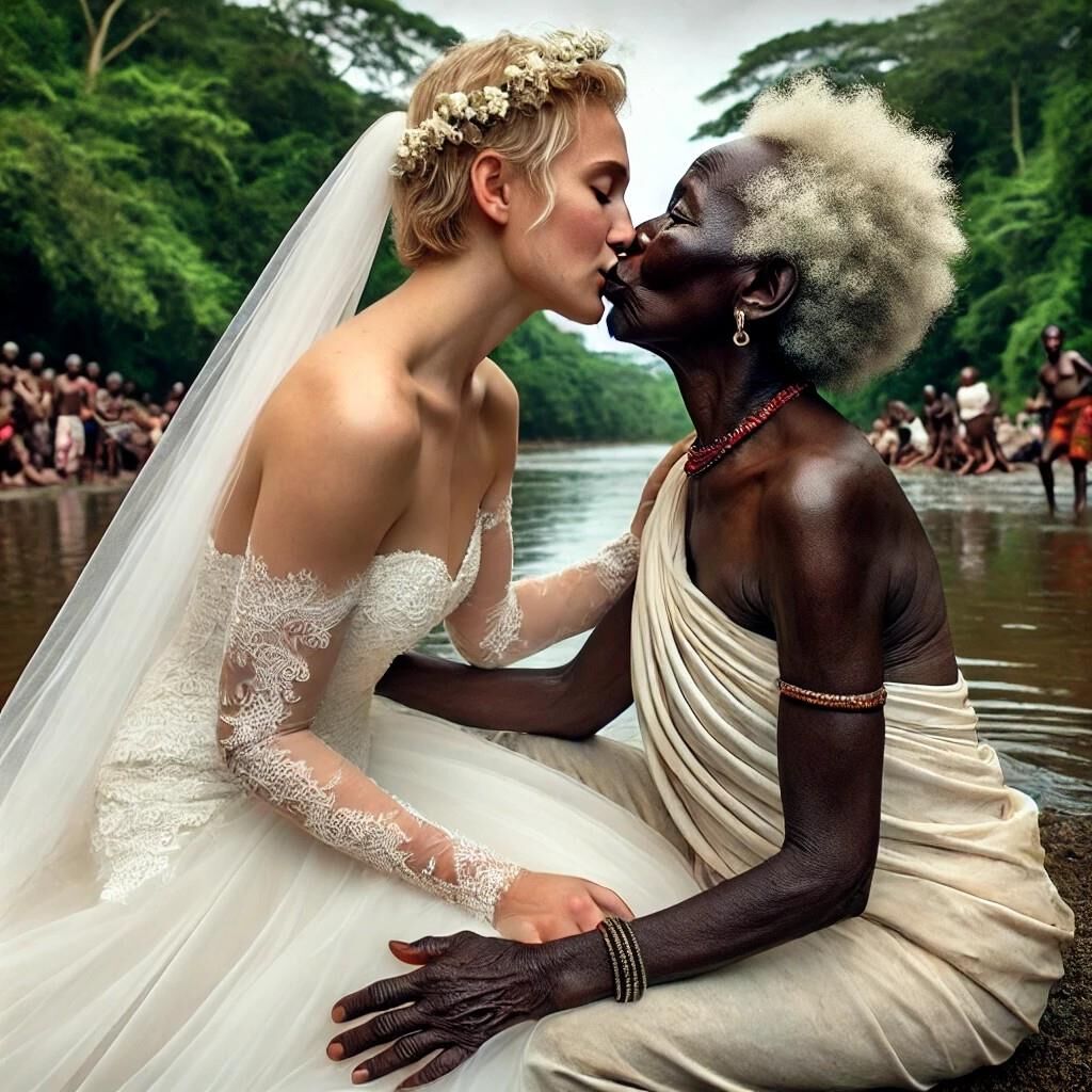 Elderly Black African women taking white European wives (AI)