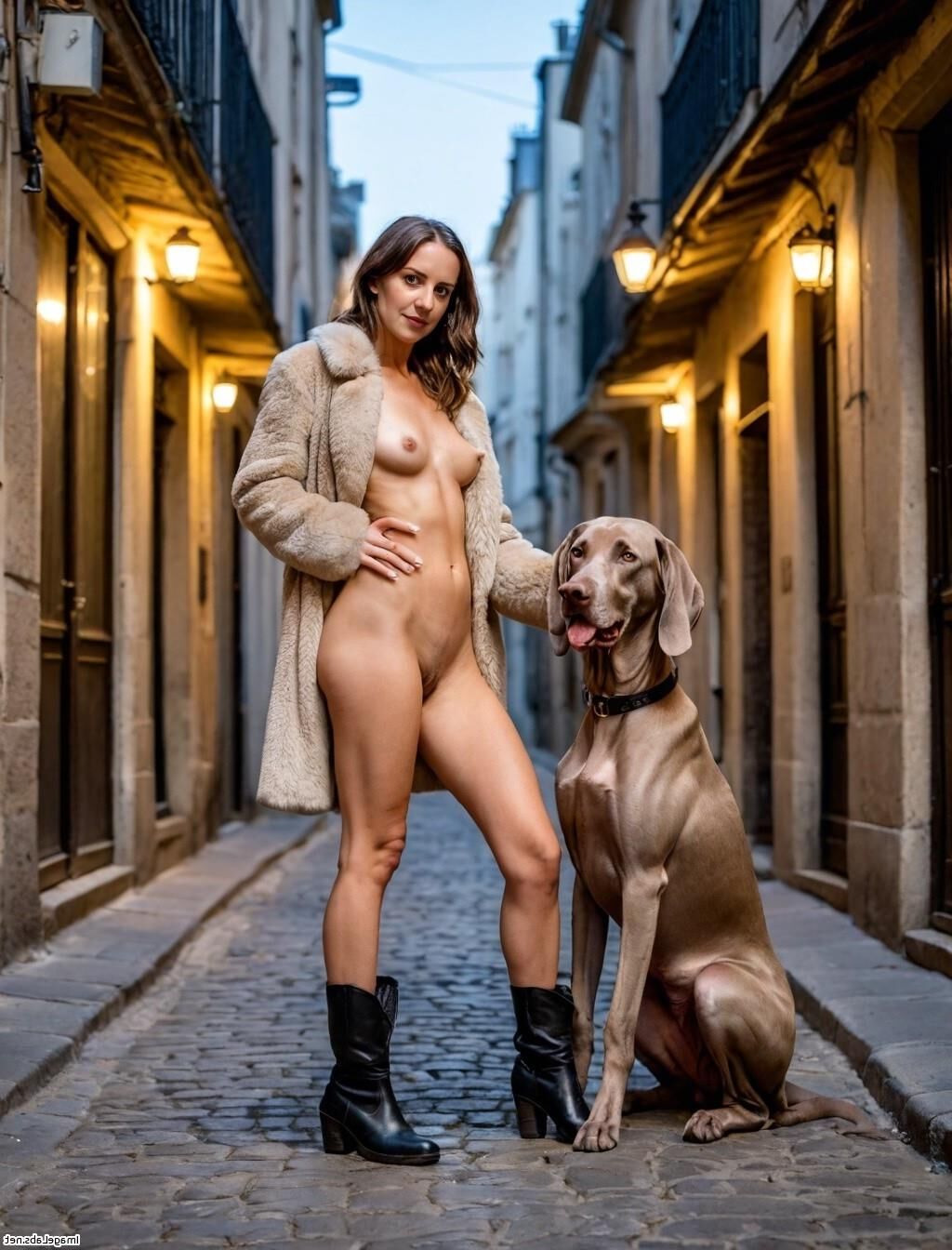 AI morena y su perro en París de noche - exponiéndose