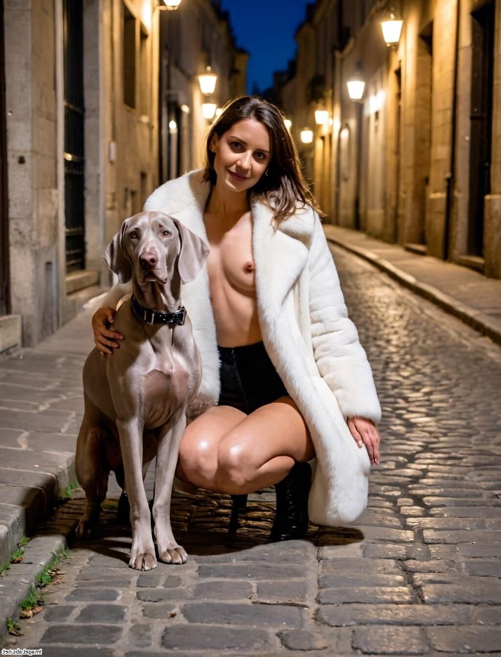 AI morena y su perro en París de noche - exponiéndose