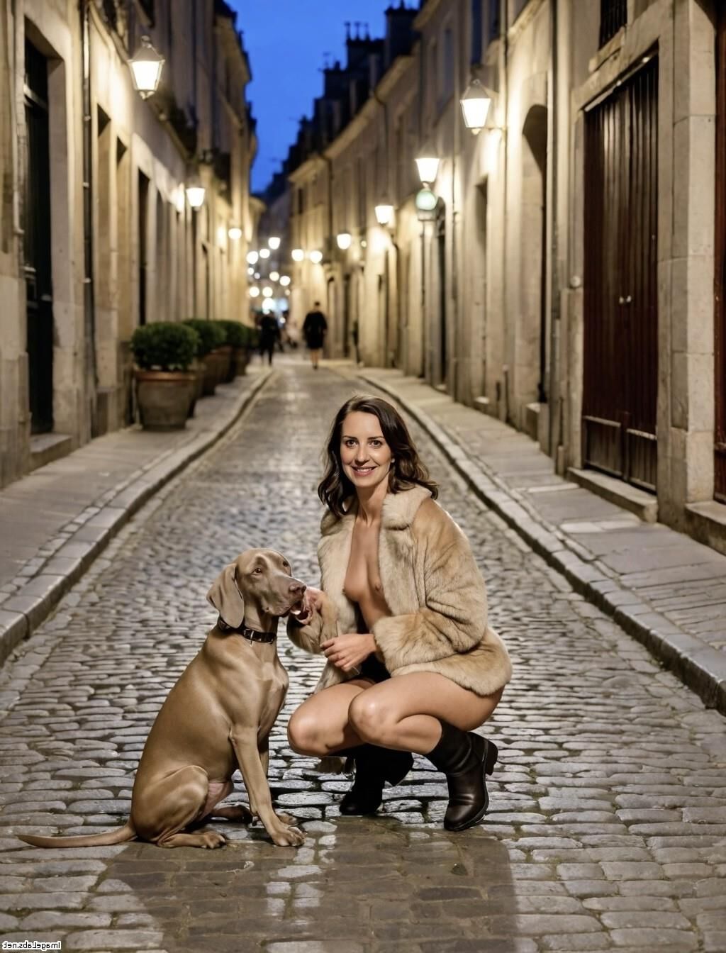 AI morena y su perro en París de noche - exponiéndose