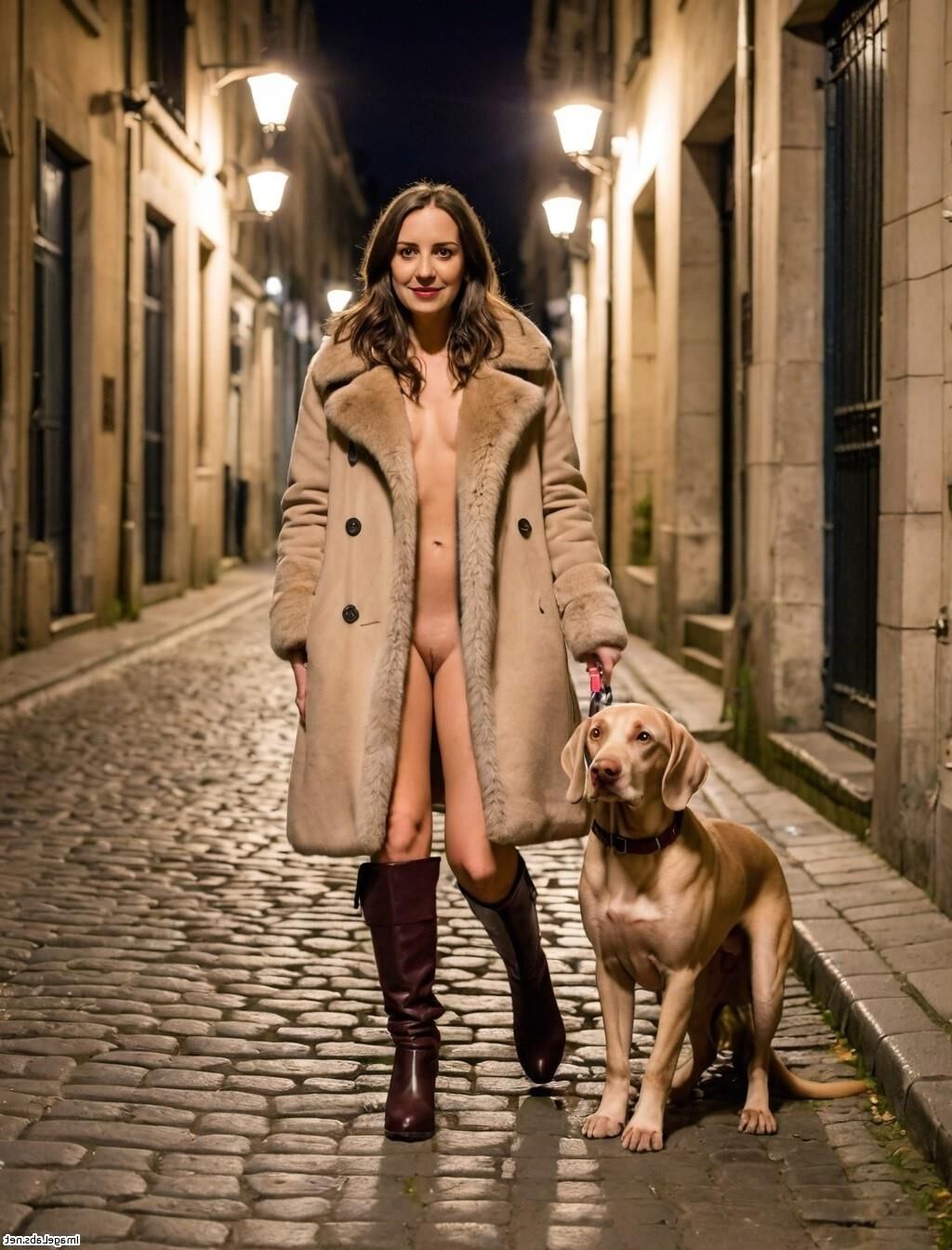 AI morena y su perro en París de noche - exponiéndose