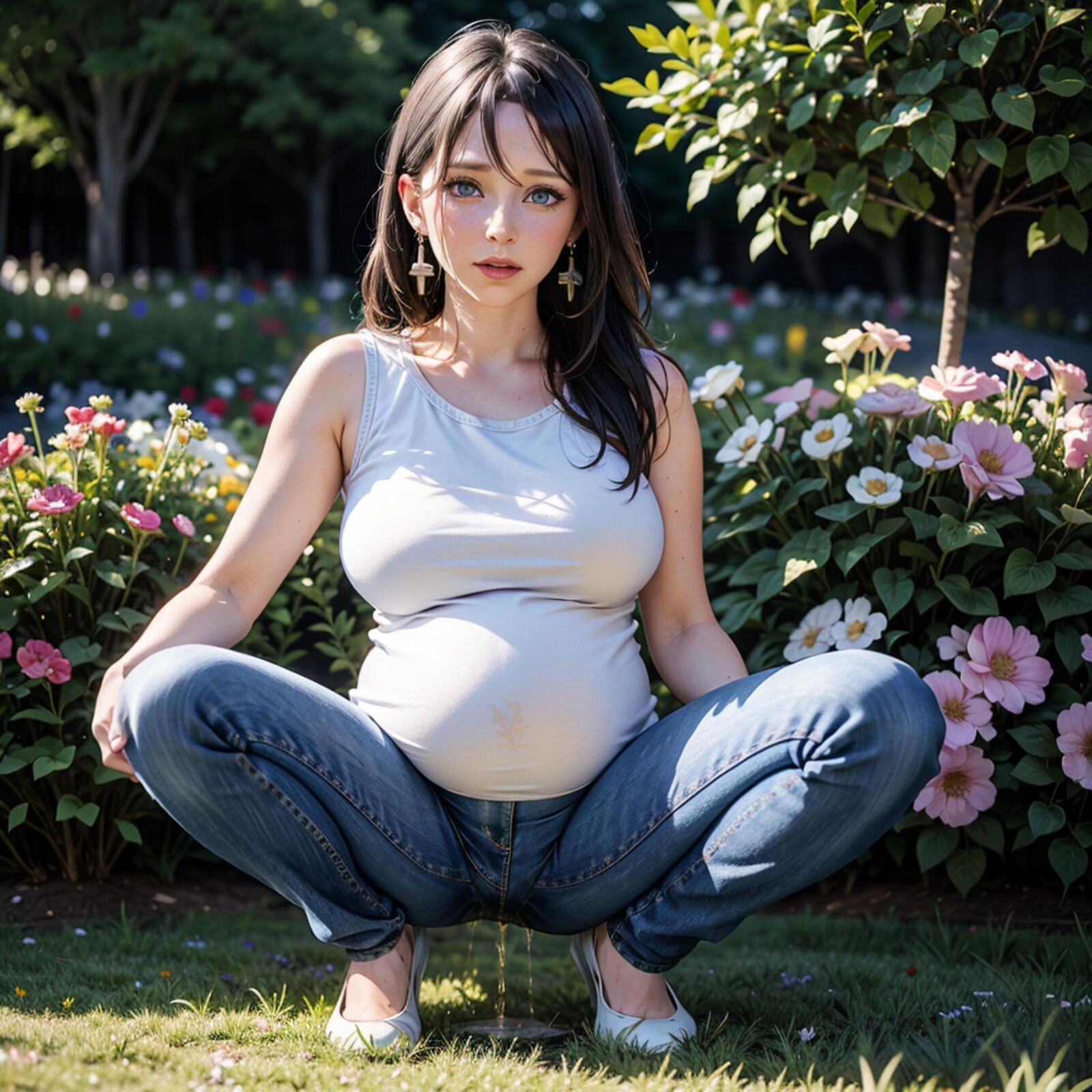 Pregnant Jen pees in the garden