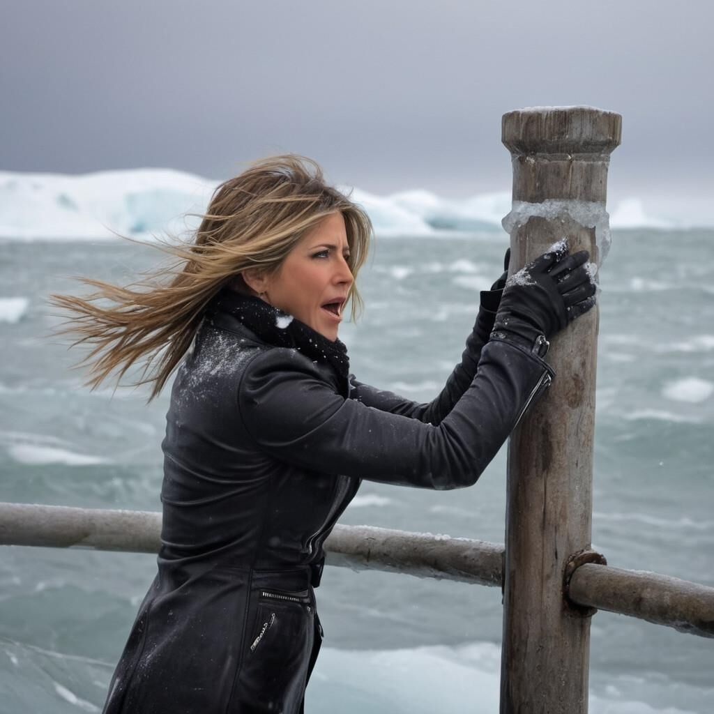 A.I. Jennifer Aniston dans le froid en cuir.