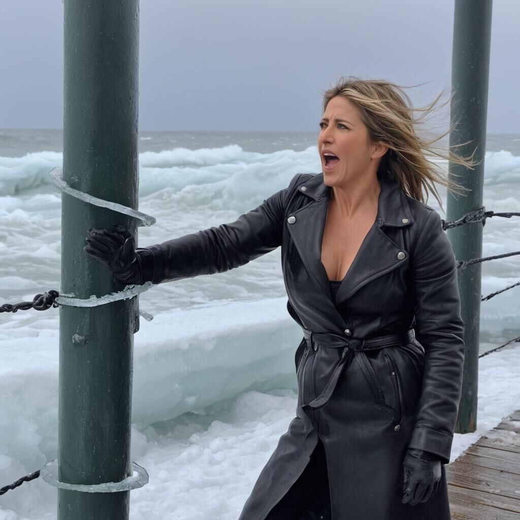 A.I. Jennifer Aniston dans le froid en cuir.