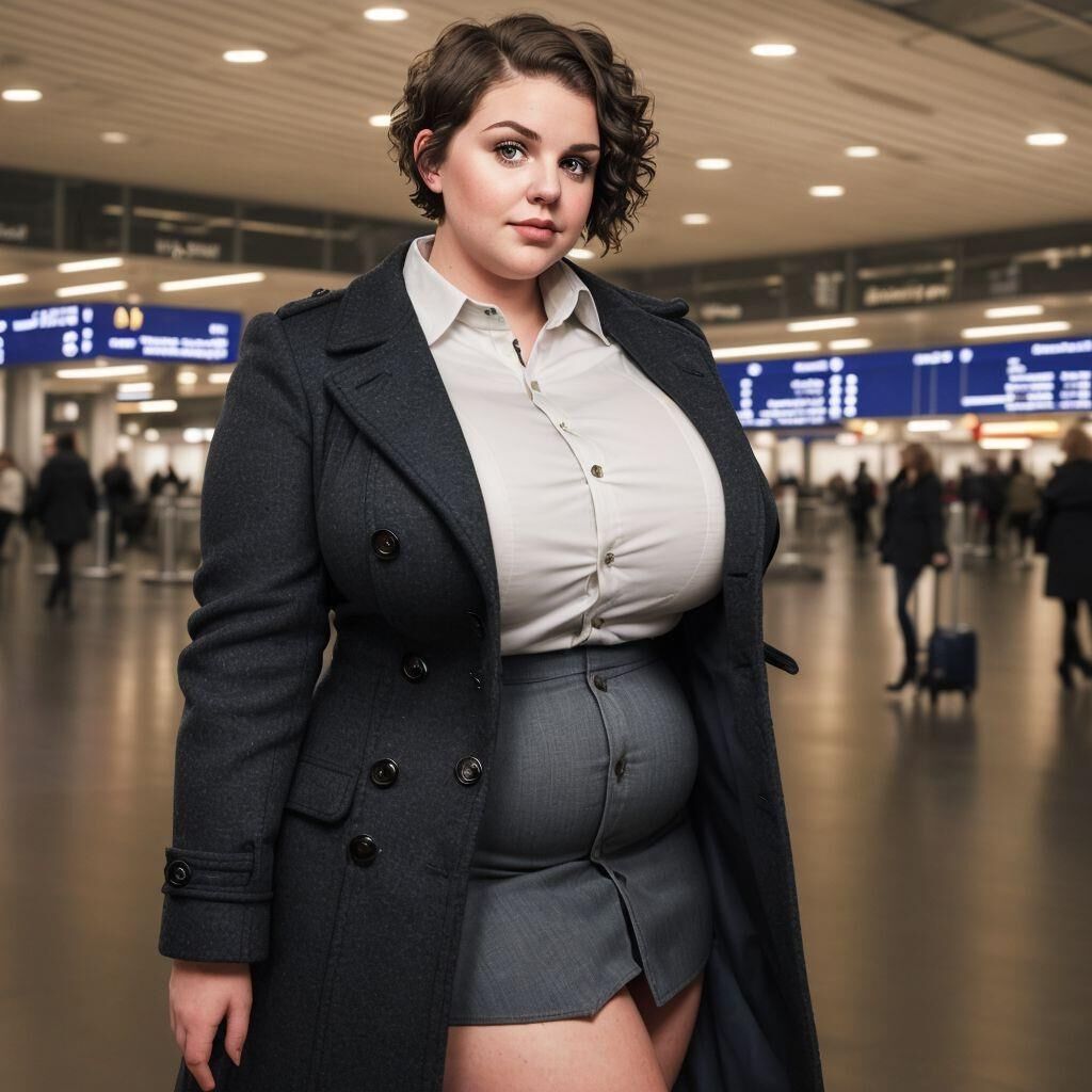 AI - Woman with short hair in a coat at the airport