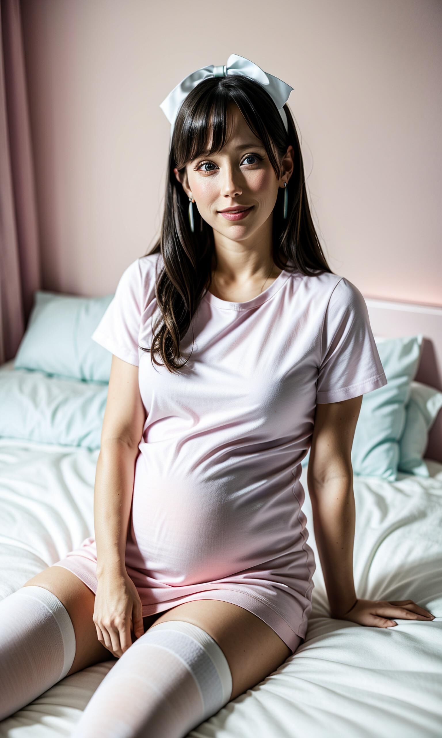 Pregnant girl is relaxing, smoking and peeing in bed