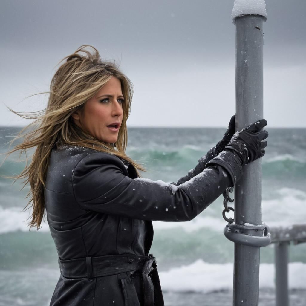 A.I. Jennifer Aniston dans le froid en cuir.