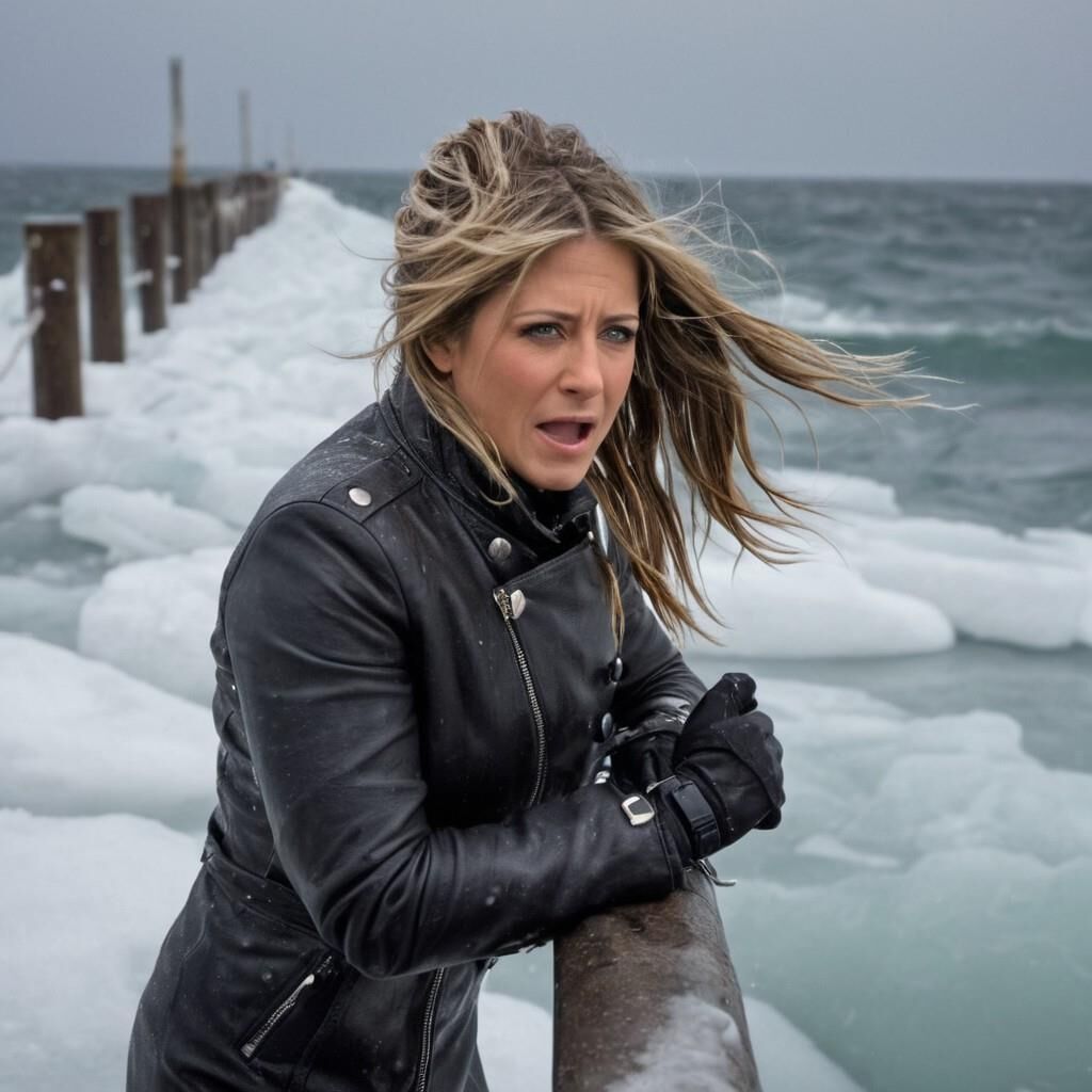 A.I. Jennifer Aniston dans le froid en cuir.