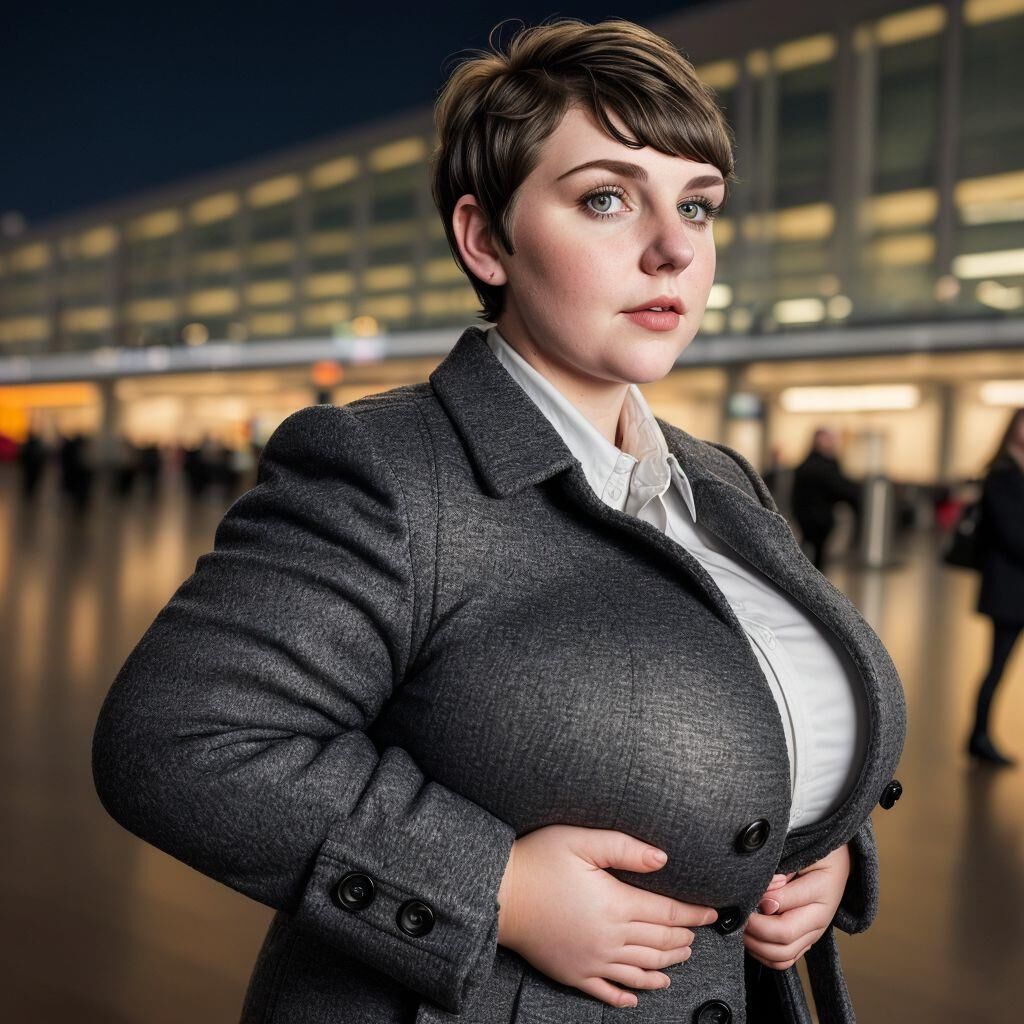 AI - Woman with short hair in a coat at the airport