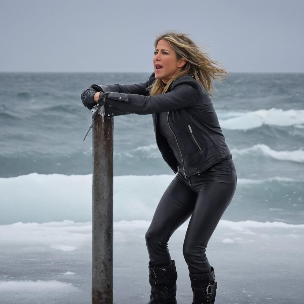 A.I. Jennifer Aniston dans le froid en cuir.