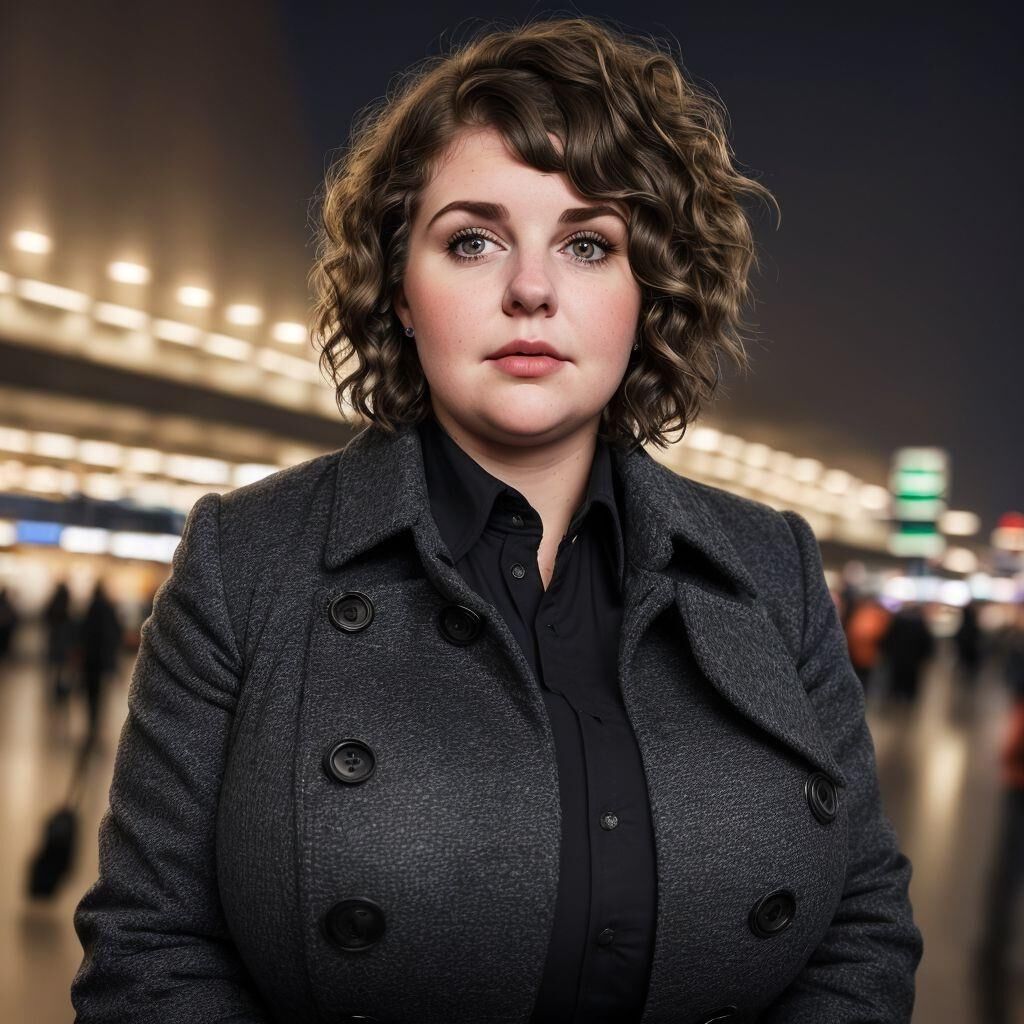 AI - Woman with short hair in a coat at the airport