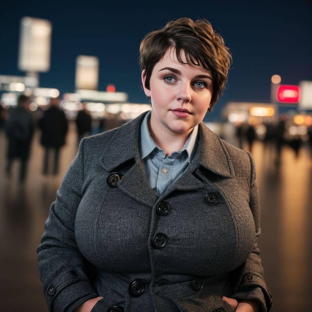 AI - Woman with short hair in a coat at the airport