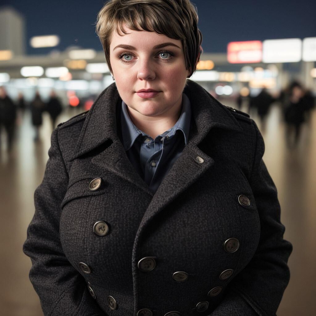 AI - Woman with short hair in a coat at the airport