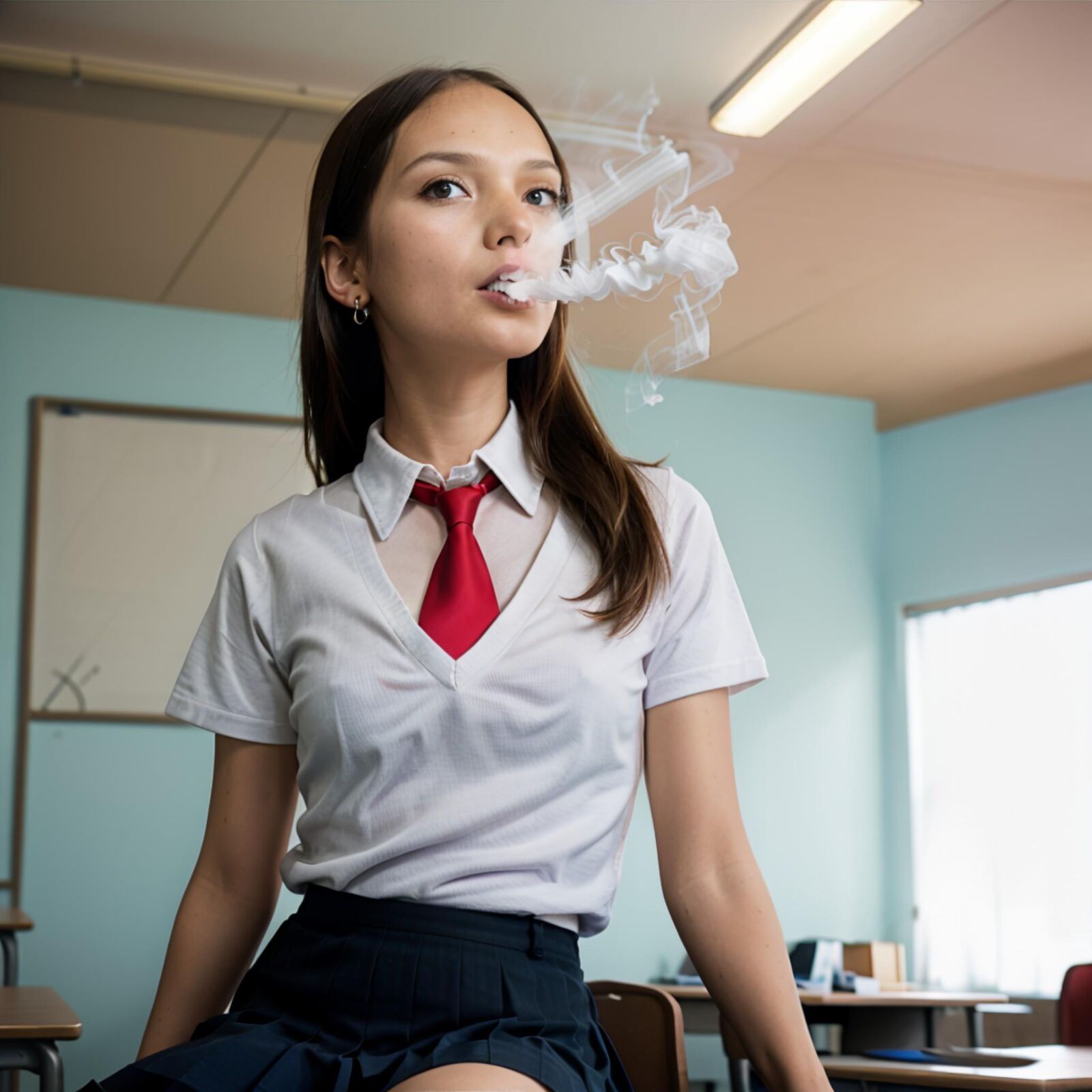 Schulmädchen raucht im Klassenzimmer