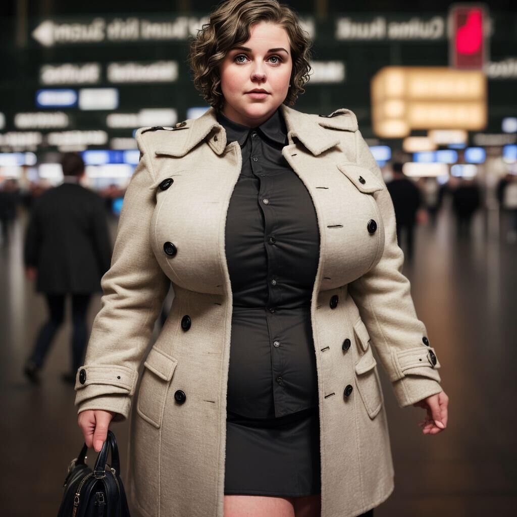 AI - Woman with short hair in a coat at the airport