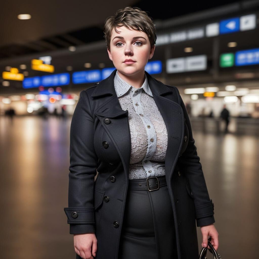 AI - Woman with short hair in a coat at the airport